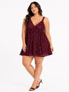 Y2K Vintage Torrid Floral Lace Babydoll Slip Dress (Burgundy/Wine) Size 1X (1)